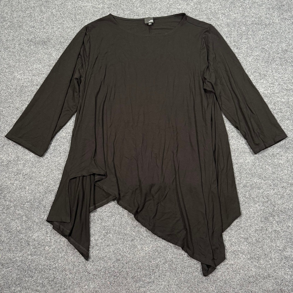 Lisa Bayne Black Asymmetrical Handkerchief Hem Tunic Top XL 3/4 Sleeve USA Made